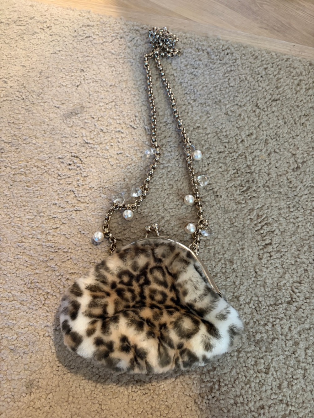 Kathy Van Zeeland Leopard Faux Fur Shoulder Bag with Pearl Chain